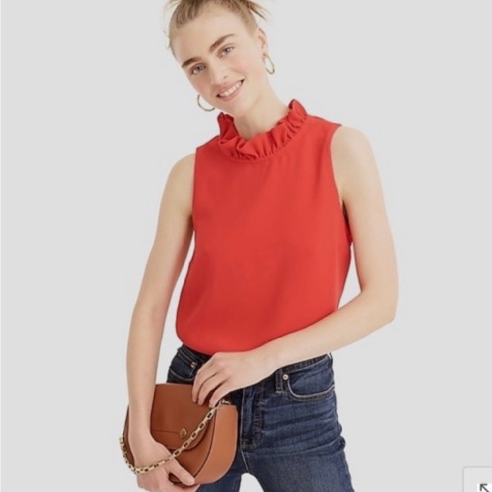 J. Crew Vibrant Red Ruffle Neck Blouse in 365 Crepe